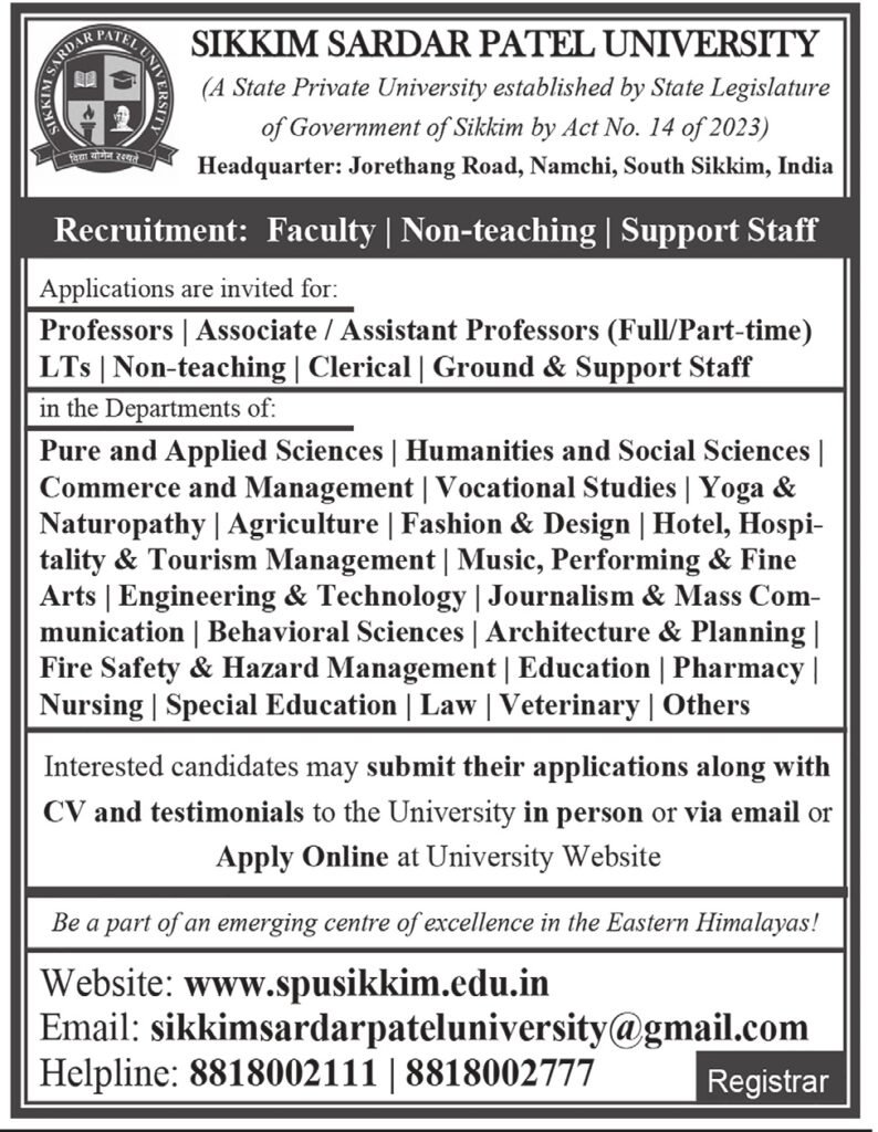 Sikkim Sardar Patel University Vacancy