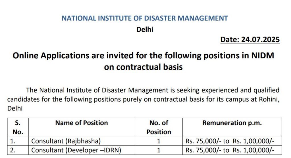 NIDM Recruitment for Consultant