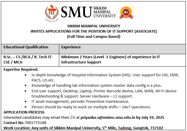 Sikkim Manipal University Vacancy for an IT Support Associate
