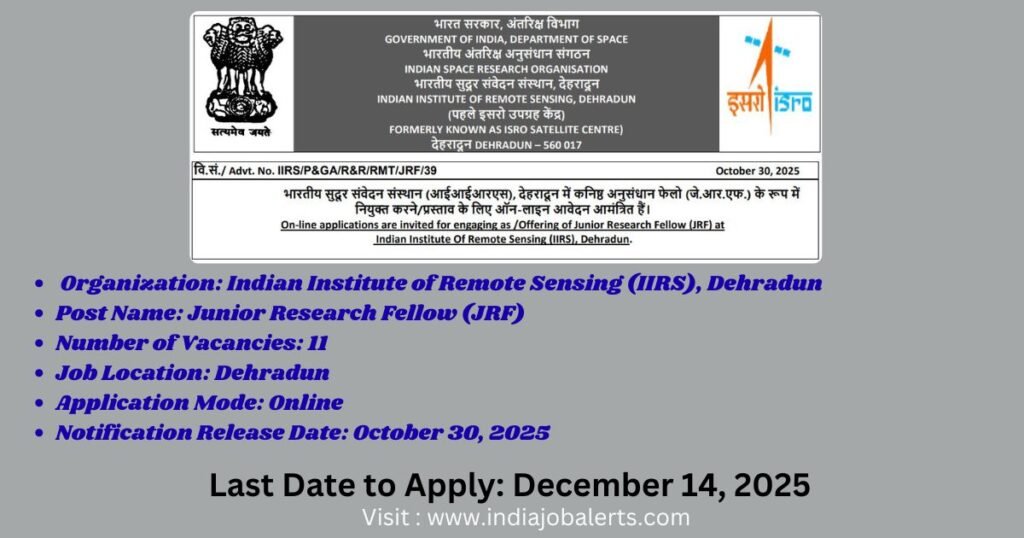 ISRO -IIRS Recruitment 2025 for Junior Research Fellow (JRF)