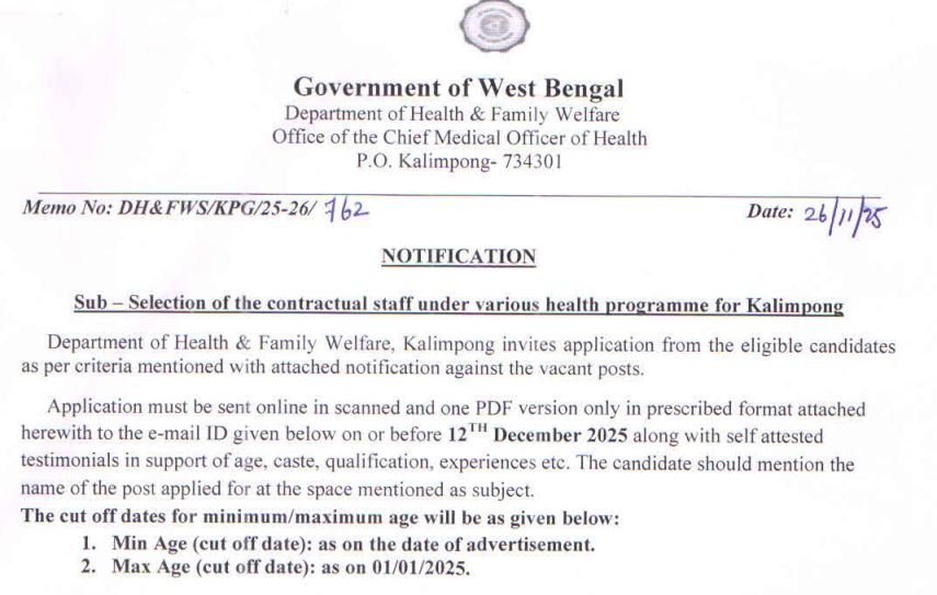 Kalimpong Health Department Vacancy