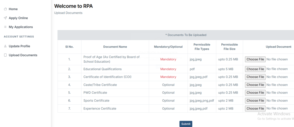 Step5-SPSC Sikkim RPA 3.0 Portal - Submit Documents