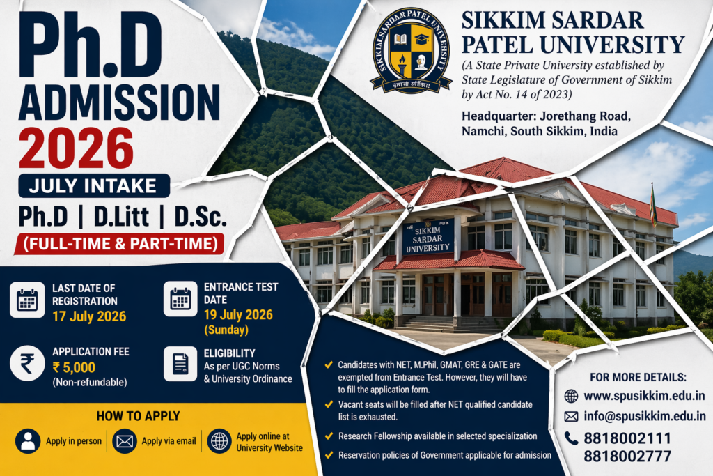 PhD Admission 2026 poster of Sikkim Sardar Patel University showing fractured design layout with July intake details, eligibility criteria, entrance test date 19 July 2026, last date 17 July 2026, and ₹5000 application fee