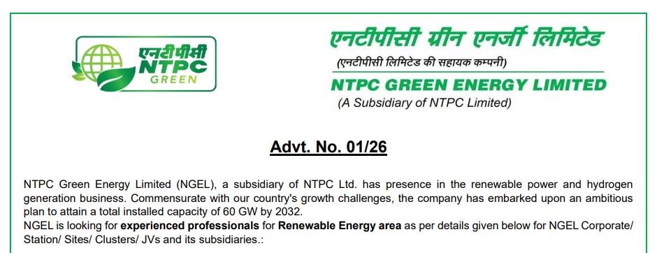NTPC Advertisement No 01/26 dated 15th of April 2026 for 48 Vacancies