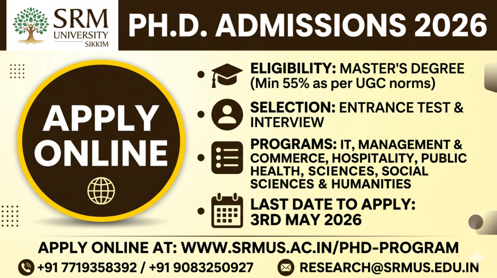 SRM University Sikkim PhD Admissions 2026 banner with big 'APPLY ONLINE' button and contact details for online application.