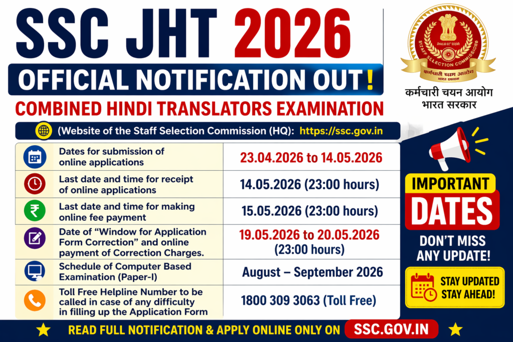 SSC JHT 2026 Notification Out  - SSC JHT 2026 important dates thumbnail