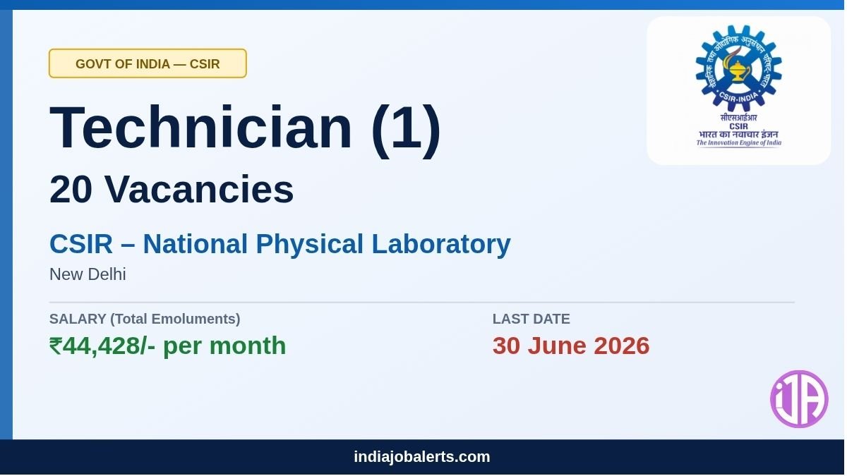 CSIR-NPL Technician Recruitment 2026 - 20 Vacancy for ITI with 10th Pass
