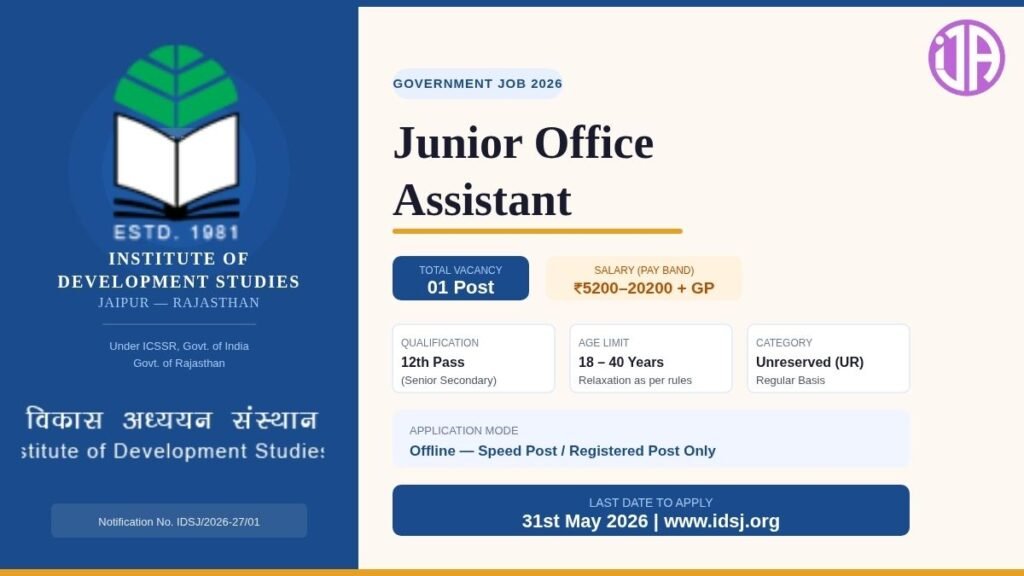 IDSJ Junior Office Assistant Vacancy 2026  IDS Jaipur Non-Faculty Job 12th Pass  Apply Now