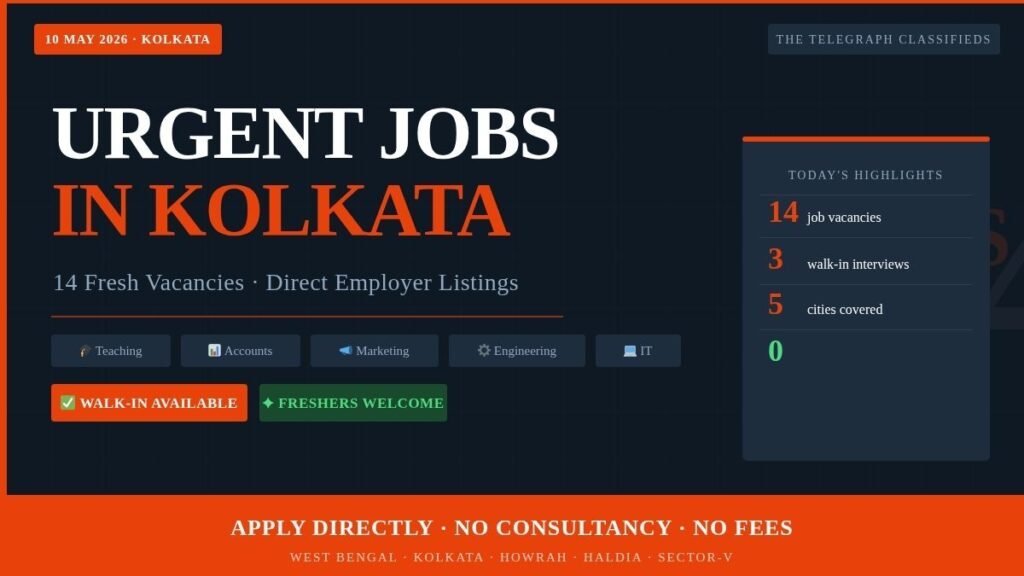 Local Jobs in Kolkata Urgent Vacancies Telegraph Classifieds