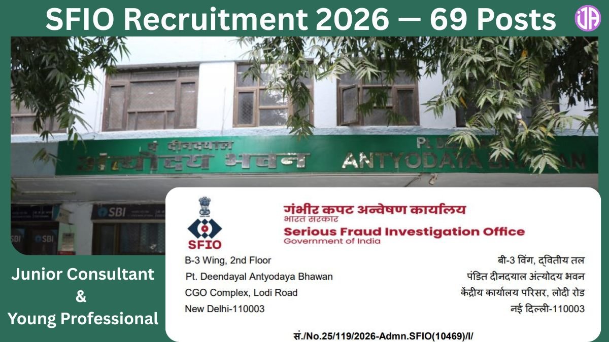 This banner shows a descriptive details on SFIO Recruitment 2026 for 69 Posts Junior Consultant & Young Professional
