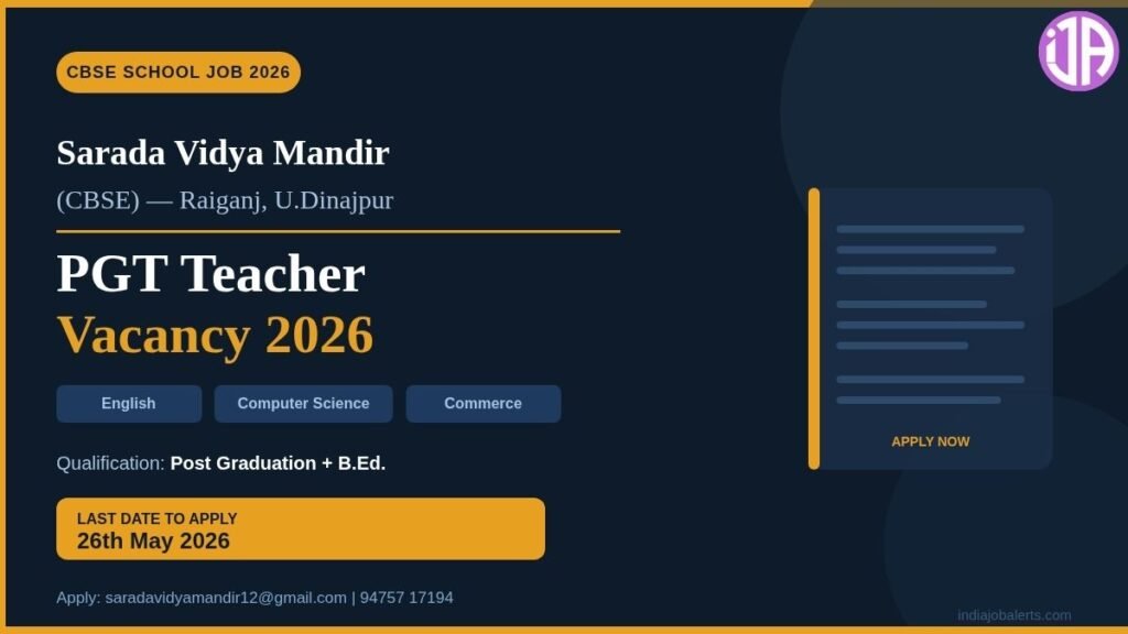 Sarada Vidya Mandir CBSE Teacher Vacancy 2026  Dinajpur West Bengal