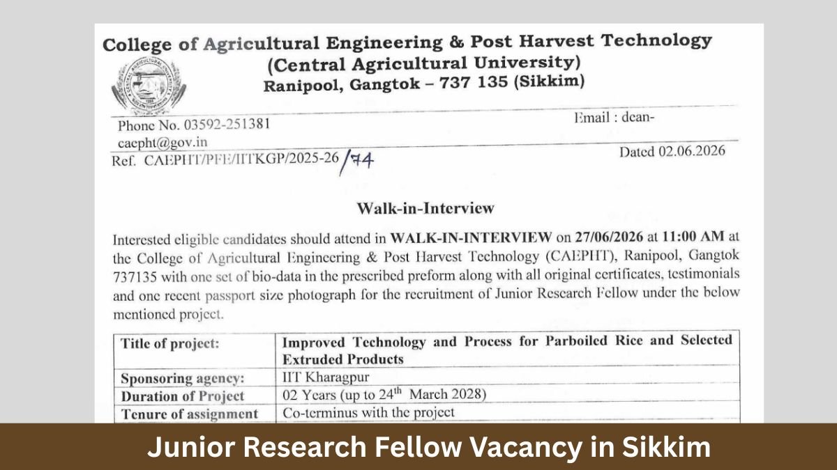 Junior Research Fellow Vacancy in Sikkim — CAEPHT Ranipool Walk-in 2026