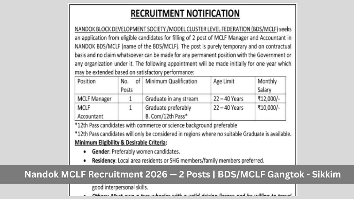 Nandok MCLF Recruitment 2026 — 2 Posts  BDSMCLF Gangtok - Sikkim