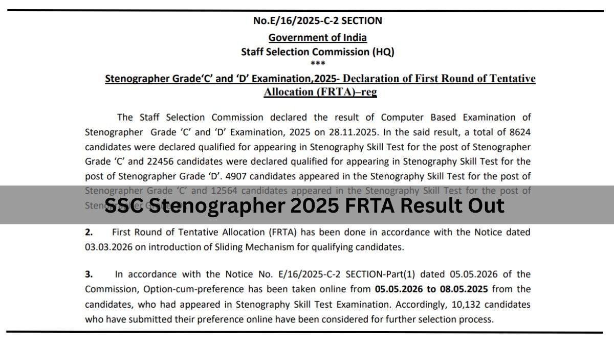 SSC Stenographer 2025 FRTA Result Out