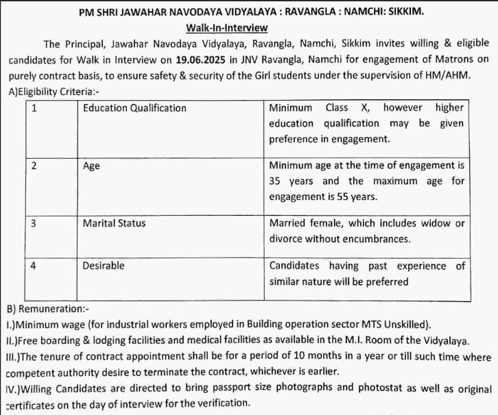 Official paper Clip from Sikkim Express date 03.06.2026 for JNV Namchi Sikkim Matron Recruitment - Walk-In Interview Details