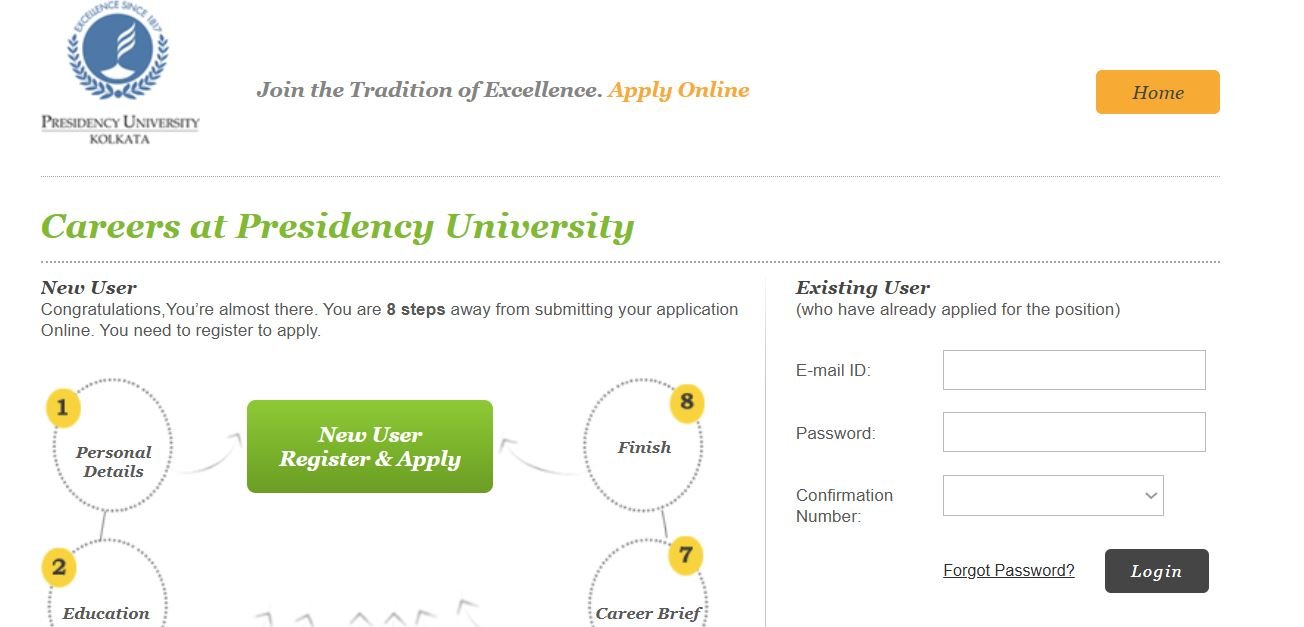Presidency University Kolkata Online Application Portal Login for  Professor Vacancy 2026