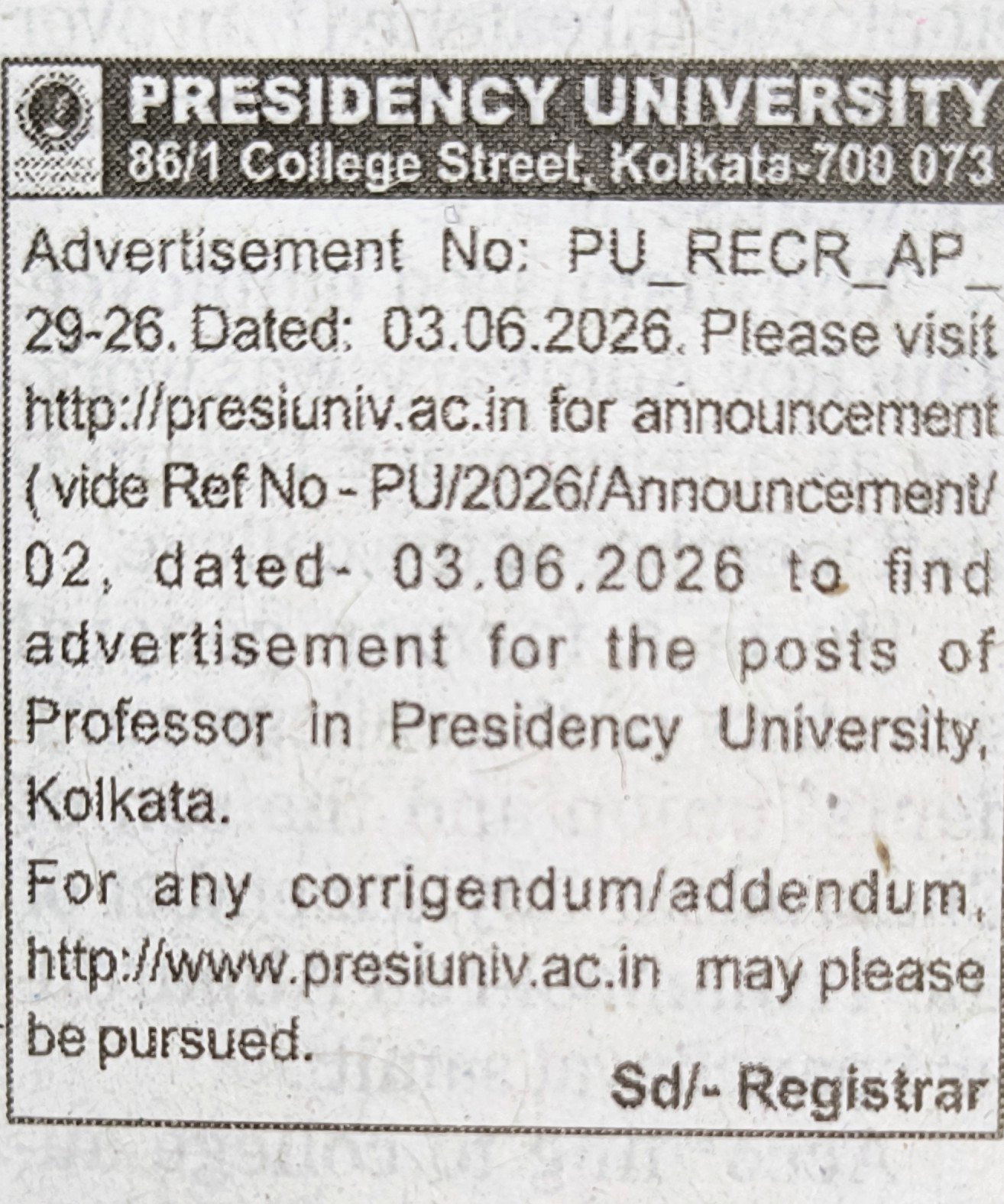 presidency university kolkata professor vacancy 2026- telegraph news paper cutting dated 03-06-2026