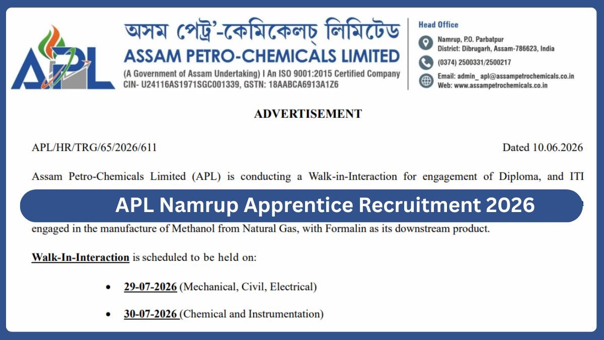 APL Namrup Apprentice Recruitment 2026 – Walk-in for 20 Posts