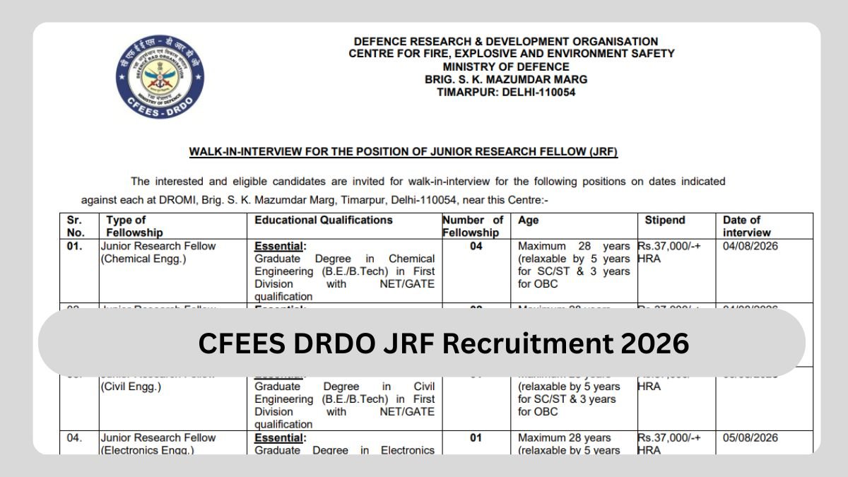 CFEES DRDO JRF Recruitment 2026 – 9 Posts, Walk-In Interview