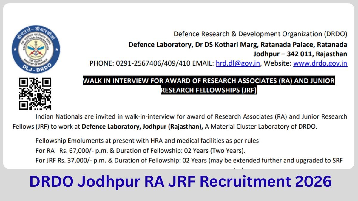DRDO Jodhpur RA JRF Recruitment 2026 - 10 Posts Defence Laboratory