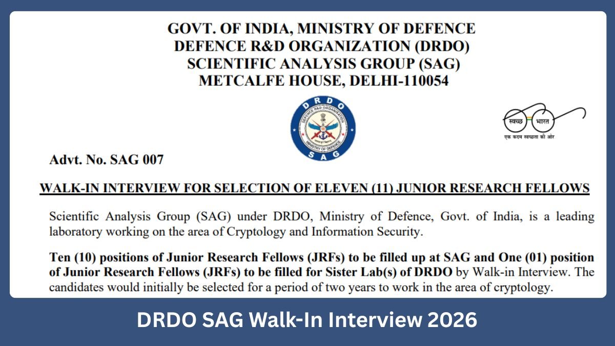 DRDO SAG Walk-In Interview 2026 JRF Vacancies in Cryptology