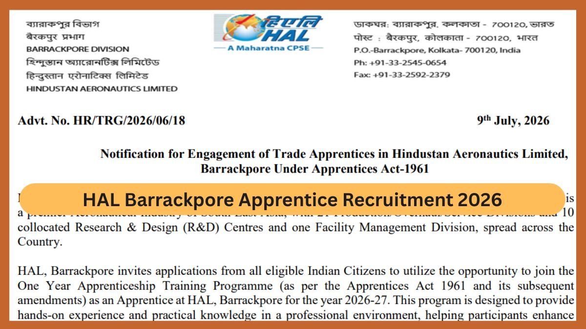 HAL Barrackpore Apprentice Recruitment 2026 27 ITI Trade Apprentice Posts