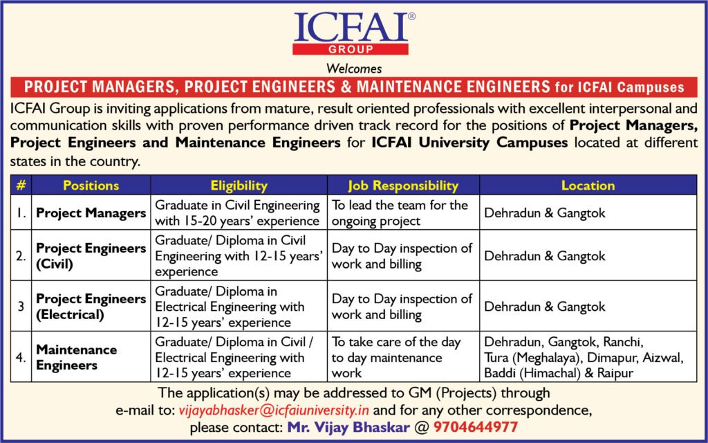 ICFAI Group Recruitment 2026 – Project Manager & Engineer Posts