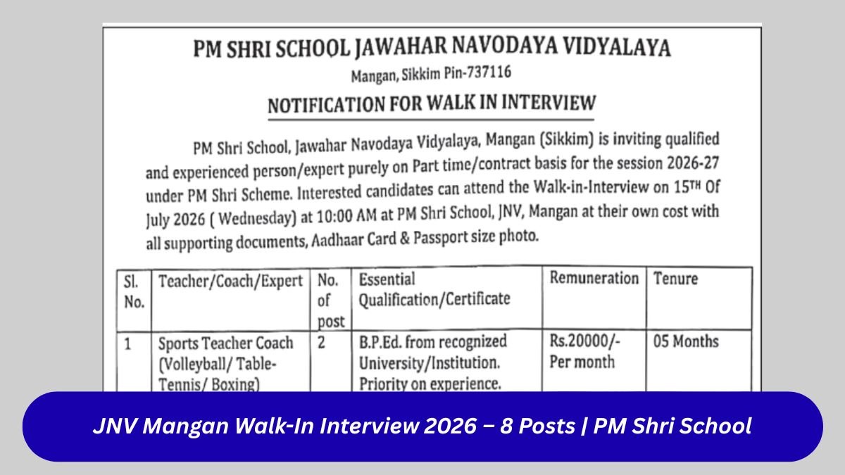 JNV Mangan Walk-In Interview 2026 – 8 Posts PM Shri School