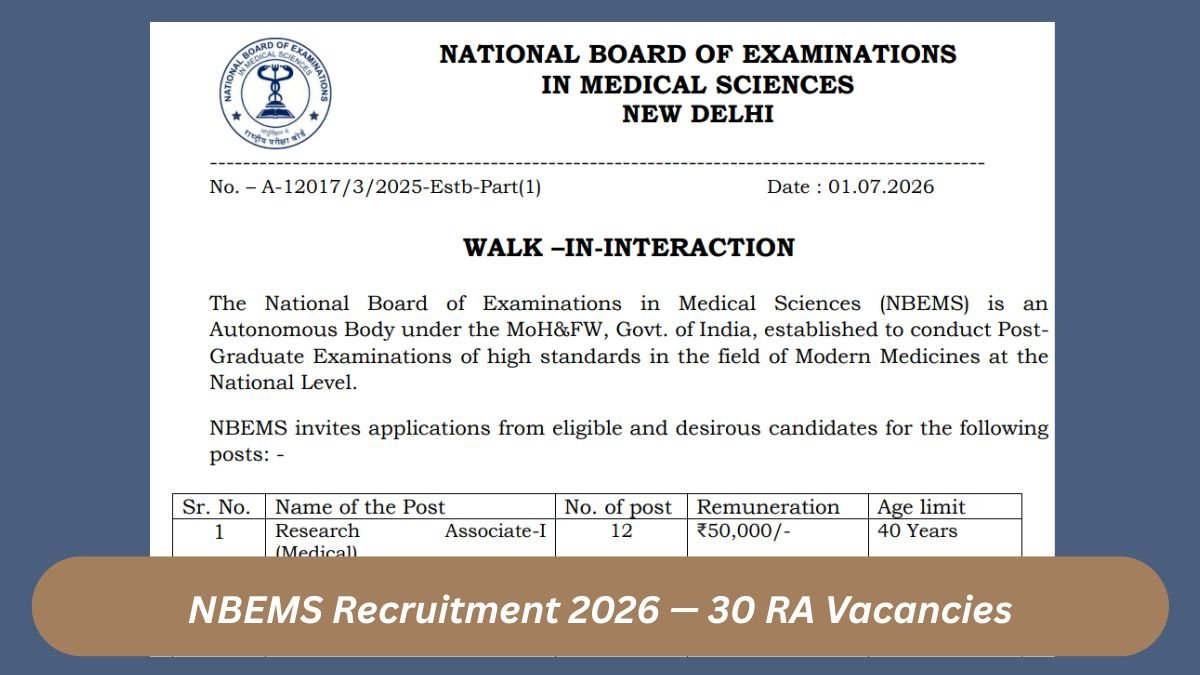 NBEMS Recruitment 2026 — 30 RA Vacancies, Walk-In from 25 July