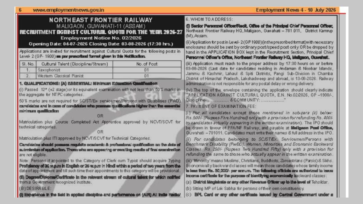 NFR Cultural Quota Recruitment 2026 - 2 Posts for Saxophonist and Western Classical Pianist