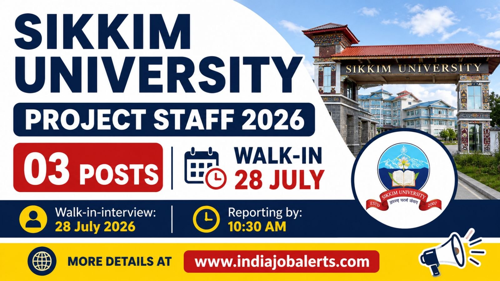 Sikkim University Project Staff 2026 - 03 Posts Walk-in 28 July