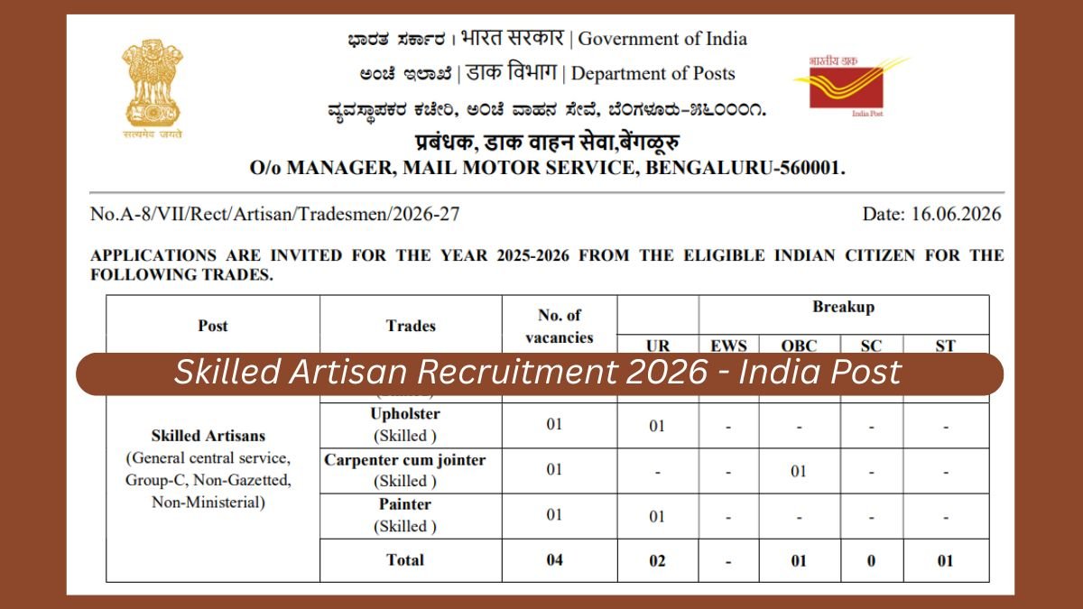 Skilled Artisan Recruitment 2026 - 4 Vacancy at India Post