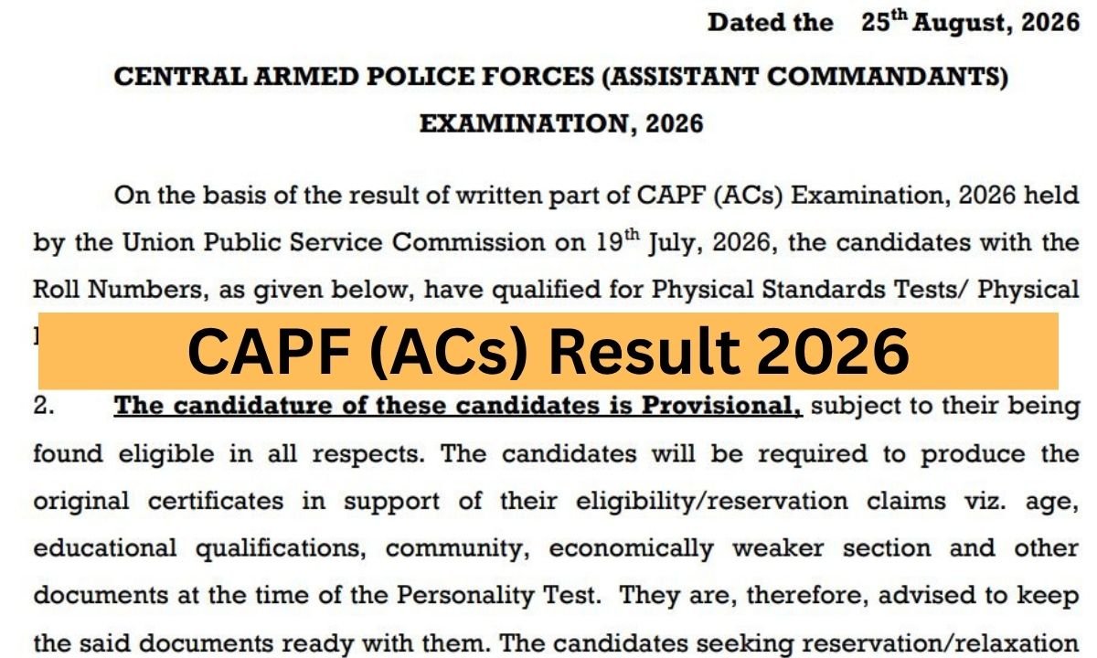 CAPF (ACs) Result 2026 — PSTPET List  upsc.gov.in