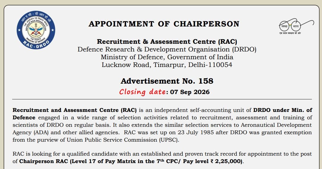 DRDO RAC Chairperson Recruitment 2026 – Advt No. 158