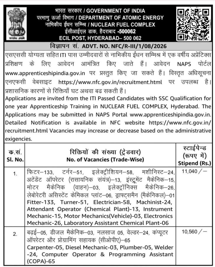 NFC Hyderabad Apprenticeship 2026 432 Fitter, Electrician, COPA Posts
