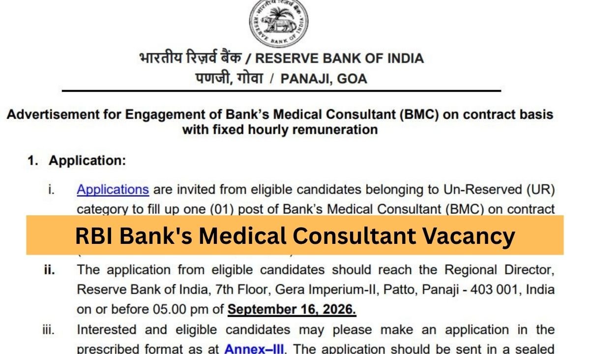 RBI Bank's Medical Consultant Vacancy Apply by 16 September 2026