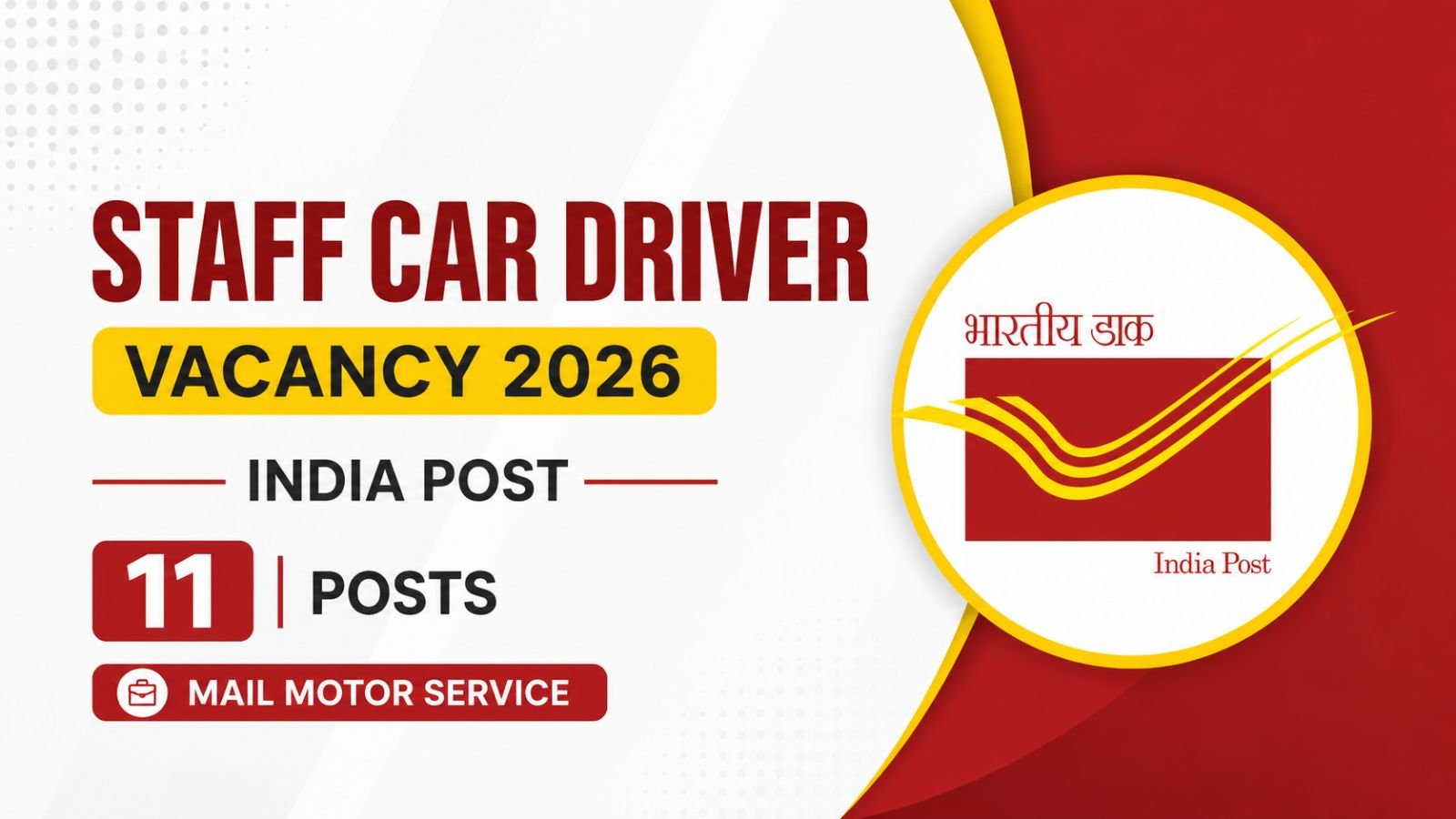 Staff Car Driver Vacancy India Post 2026 - 11 Posts Mail Motor Service