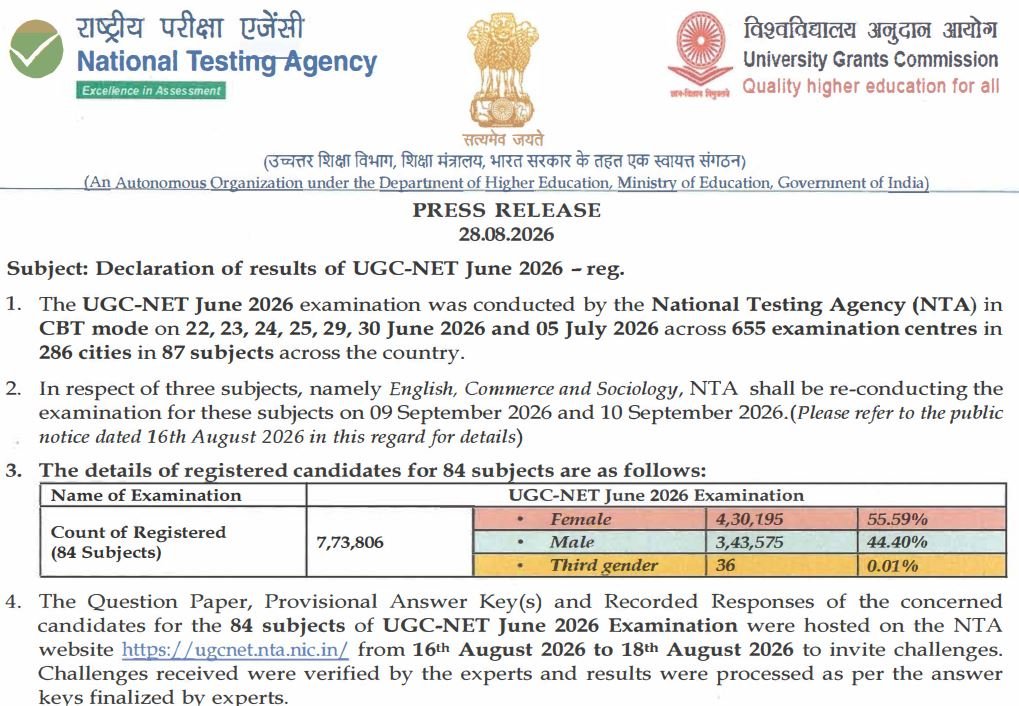 UGC NET June 2026 Result — 84 Subjects Declared | Check at ugcnet.nta.nic.in