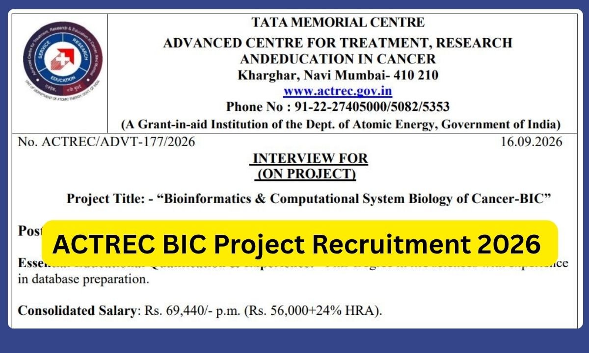 ACTREC BIC Project Recruitment 2026 Apply by 5 October