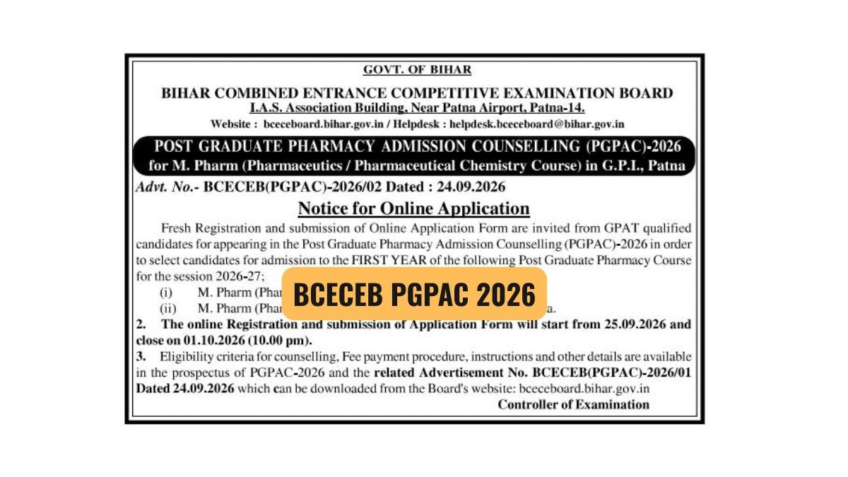 BCECEB PGPAC 2026 M.Pharm Admission Counselling at G.P.I. Patna — Register by 1 October
