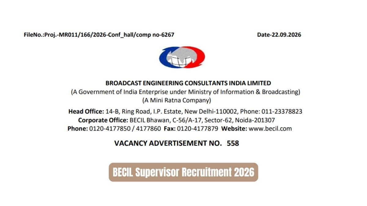 BECIL Supervisor Recruitment 2026 for 10 Posts