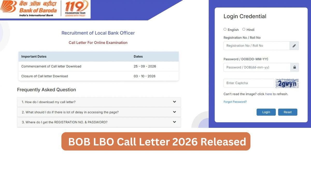 BOB LBO Call Letter 2026 Released, Exam on 3 October