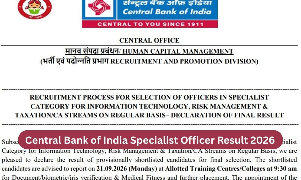 Central Bank of India Specialist Officer Result 2026 — Final List Out