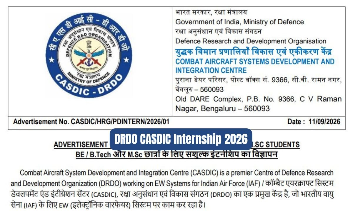 DRDO CASDIC Internship 2026 - Apply by 11 October