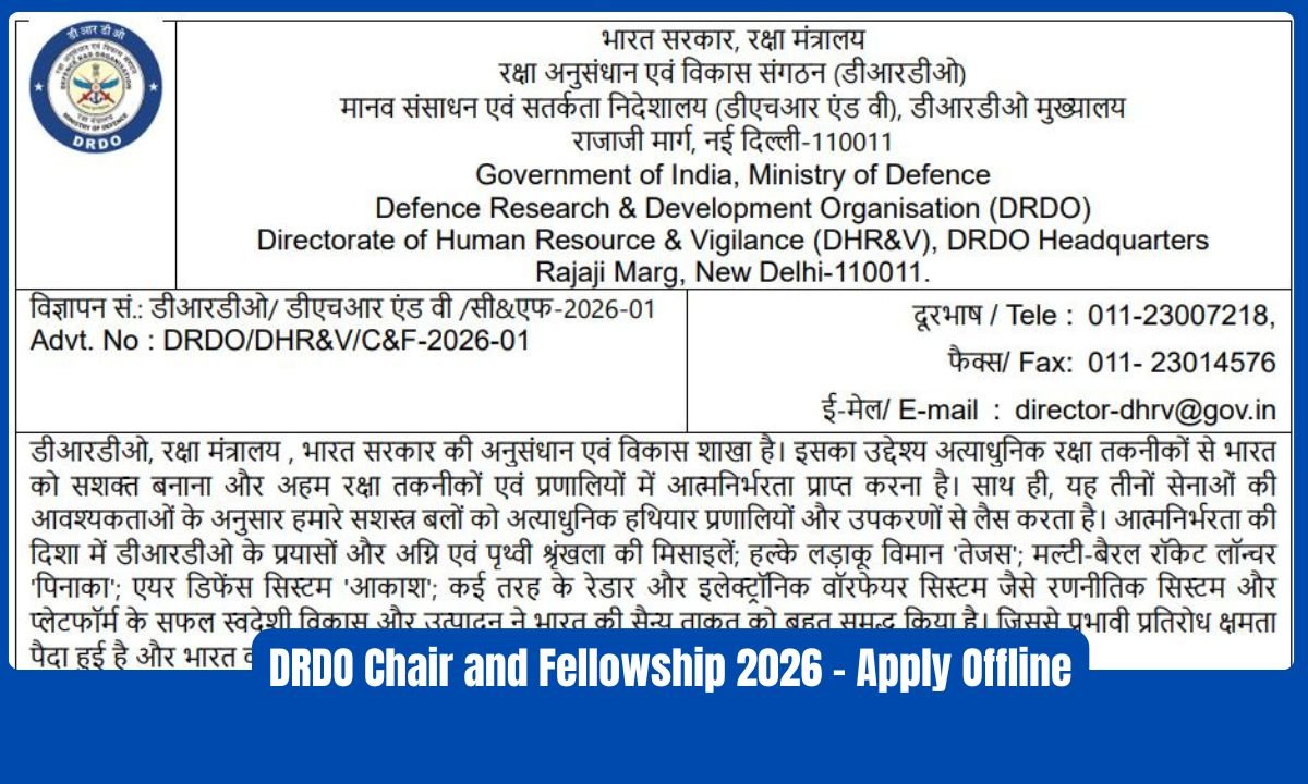 DRDO Chair and Fellowship 2026 - Apply Offline