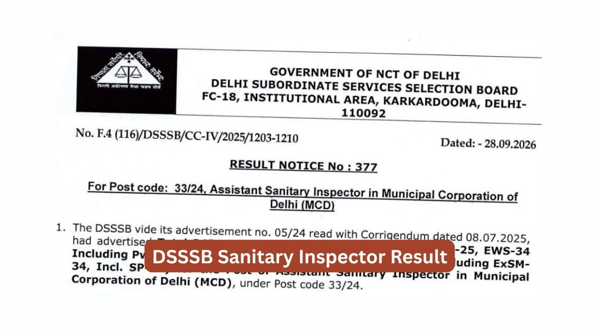 DSSSB Sanitary Inspector Result Cut-off, Merit List Out