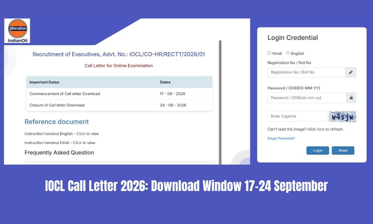 IOCL Call Letter 2026 Download Window 17–24 September