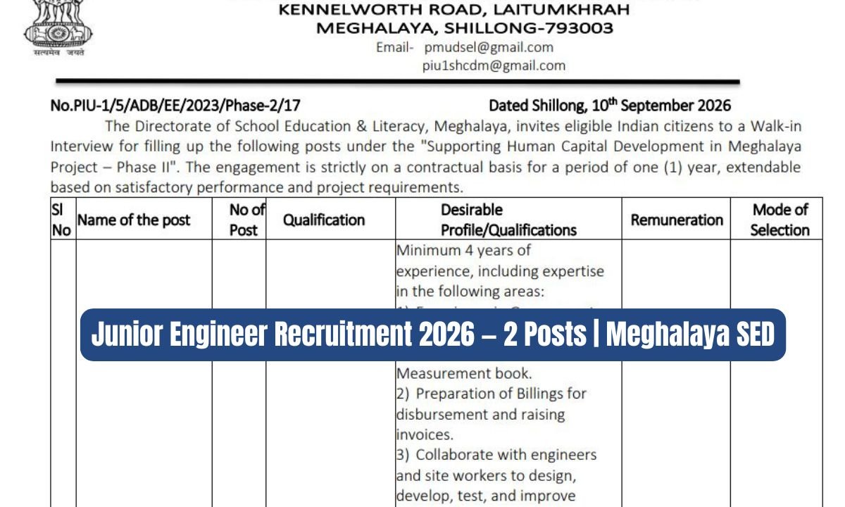 Junior Engineer Recruitment 2026 — 2 Posts | Meghalaya SED