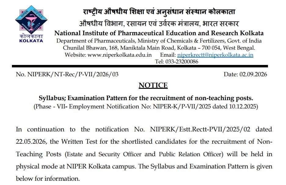 NIPER Kolkata Estate and PR Officer Syllabus, Marks Scheme 2026