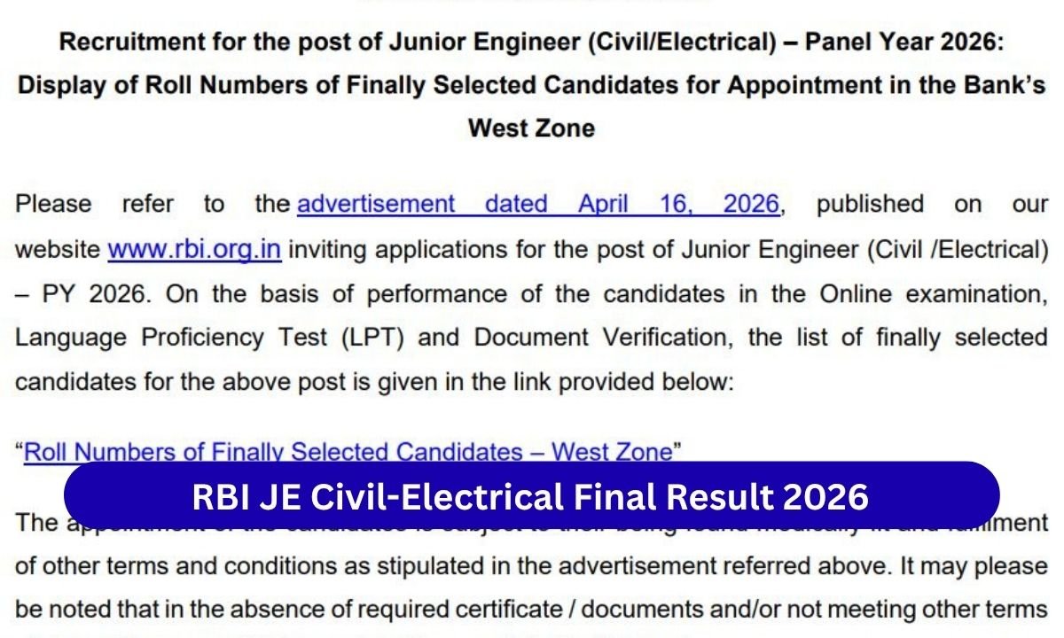 RBI JE Civil-Electrical Final Result 2026 – West Zone